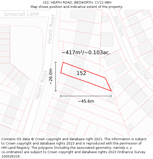 152, HEATH ROAD, BEDWORTH, CV12 0BH: Plot and title map