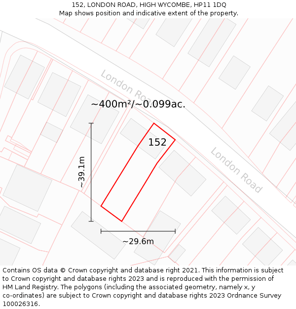 152, LONDON ROAD, HIGH WYCOMBE, HP11 1DQ: Plot and title map