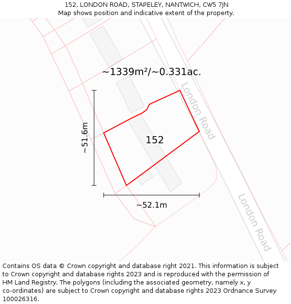 152, LONDON ROAD, STAPELEY, NANTWICH, CW5 7JN: Plot and title map