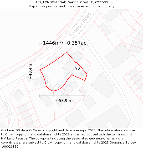 152, LONDON ROAD, WATERLOOVILLE, PO7 5SS: Plot and title map