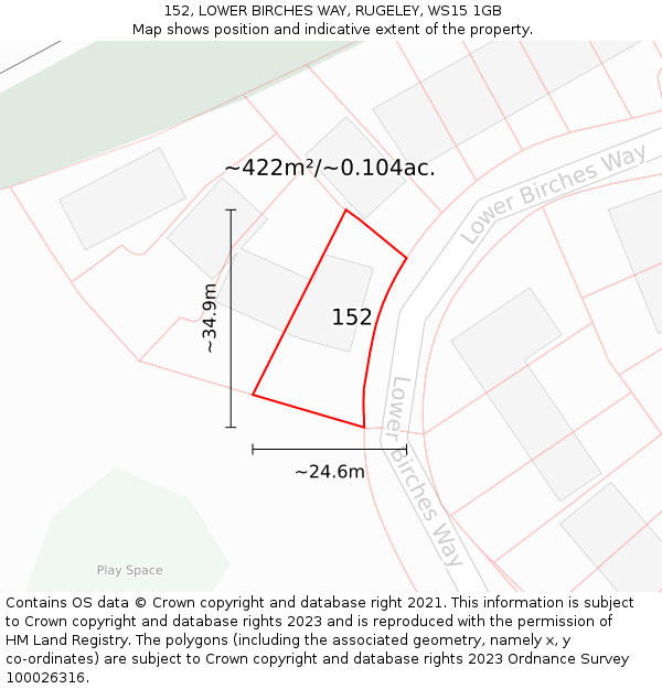 152, LOWER BIRCHES WAY, RUGELEY, WS15 1GB: Plot and title map