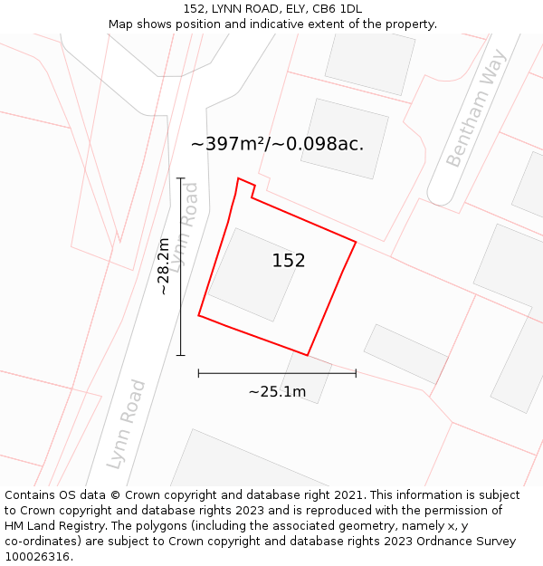 152, LYNN ROAD, ELY, CB6 1DL: Plot and title map