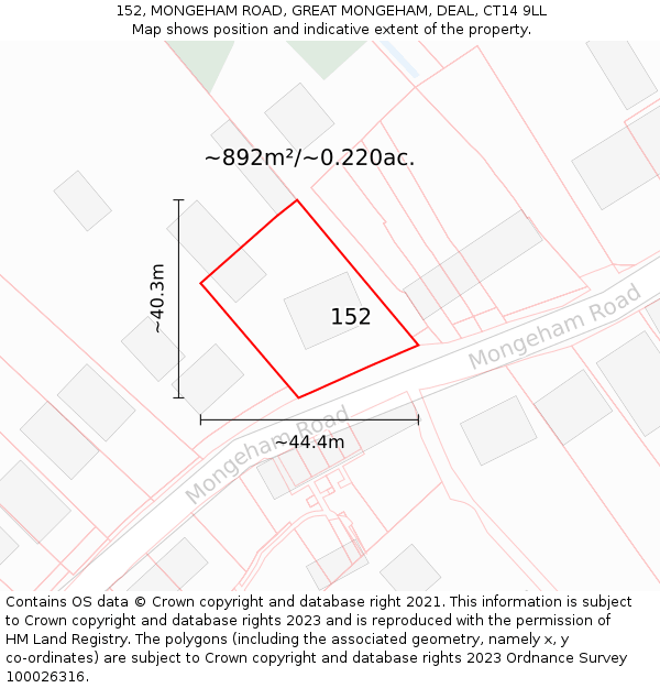 152, MONGEHAM ROAD, GREAT MONGEHAM, DEAL, CT14 9LL: Plot and title map