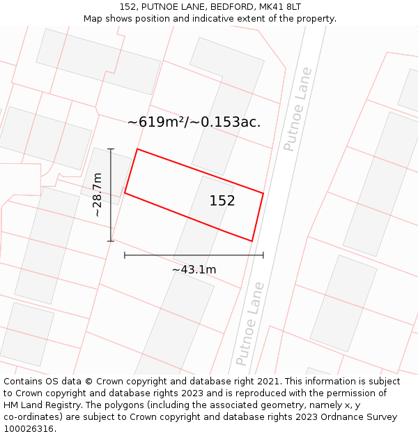 152, PUTNOE LANE, BEDFORD, MK41 8LT: Plot and title map