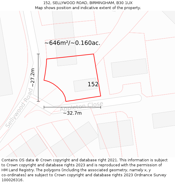 152, SELLYWOOD ROAD, BIRMINGHAM, B30 1UX: Plot and title map