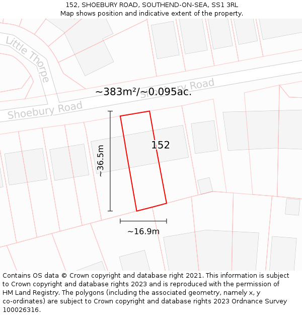 152, SHOEBURY ROAD, SOUTHEND-ON-SEA, SS1 3RL: Plot and title map