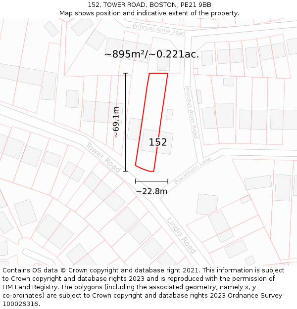 152, TOWER ROAD, BOSTON, PE21 9BB: Plot and title map