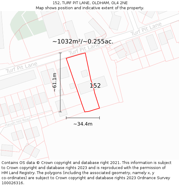 152, TURF PIT LANE, OLDHAM, OL4 2NE: Plot and title map