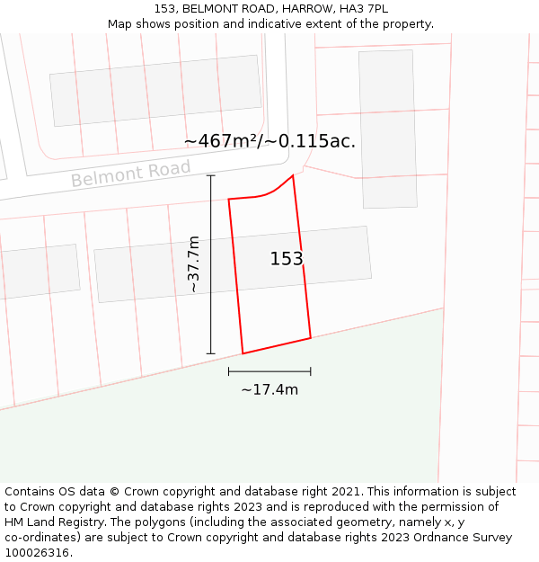 153, BELMONT ROAD, HARROW, HA3 7PL: Plot and title map