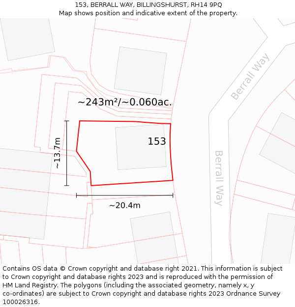 153, BERRALL WAY, BILLINGSHURST, RH14 9PQ: Plot and title map