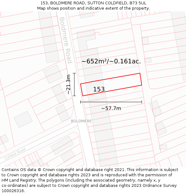 153, BOLDMERE ROAD, SUTTON COLDFIELD, B73 5UL: Plot and title map
