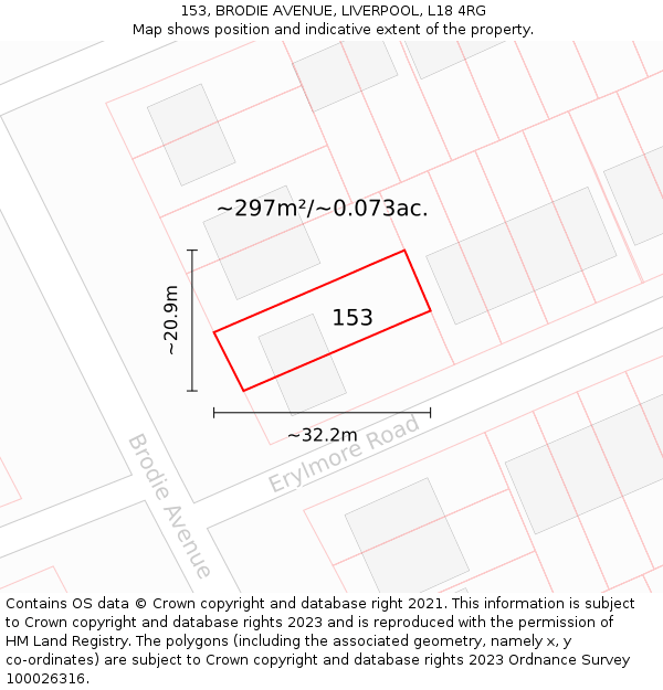 153, BRODIE AVENUE, LIVERPOOL, L18 4RG: Plot and title map