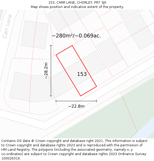 153, CARR LANE, CHORLEY, PR7 3JX: Plot and title map