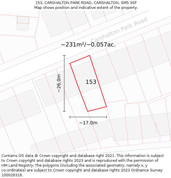 153, CARSHALTON PARK ROAD, CARSHALTON, SM5 3SF: Plot and title map