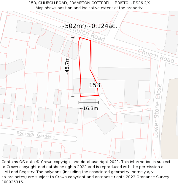 153, CHURCH ROAD, FRAMPTON COTTERELL, BRISTOL, BS36 2JX: Plot and title map