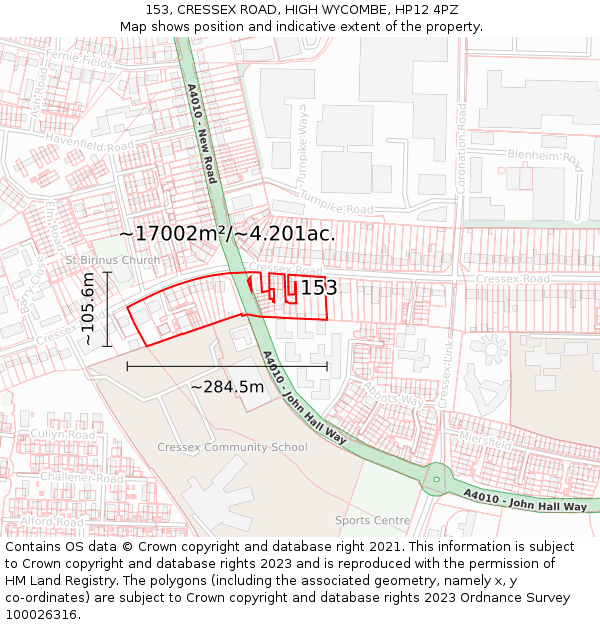 153, CRESSEX ROAD, HIGH WYCOMBE, HP12 4PZ: Plot and title map