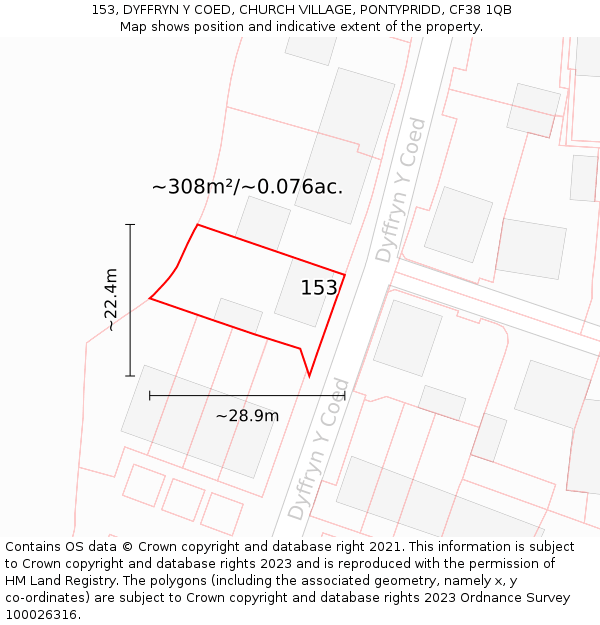 153, DYFFRYN Y COED, CHURCH VILLAGE, PONTYPRIDD, CF38 1QB: Plot and title map