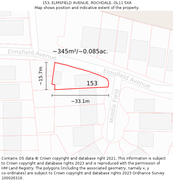 153, ELMSFIELD AVENUE, ROCHDALE, OL11 5XA: Plot and title map