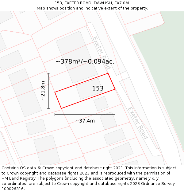 153, EXETER ROAD, DAWLISH, EX7 0AL: Plot and title map
