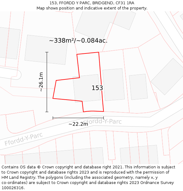 153, FFORDD Y PARC, BRIDGEND, CF31 1RA: Plot and title map