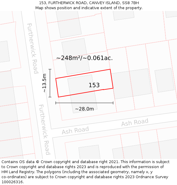 153, FURTHERWICK ROAD, CANVEY ISLAND, SS8 7BH: Plot and title map