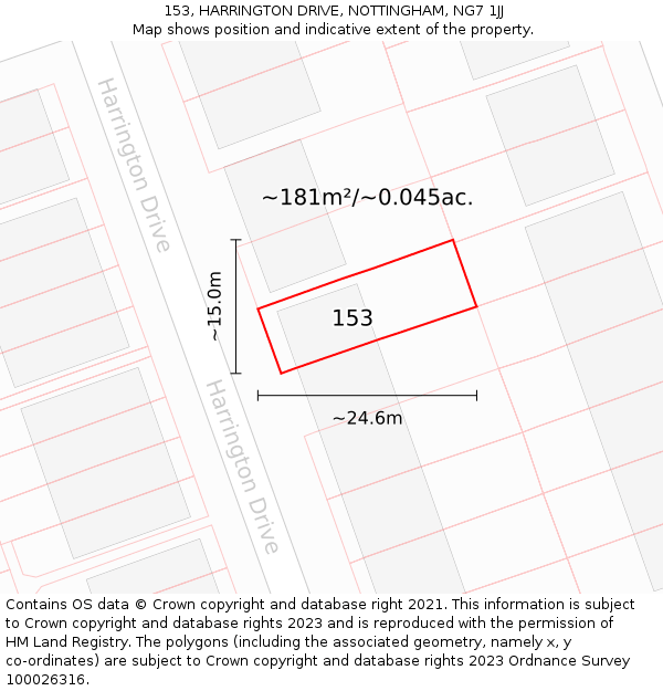 153, HARRINGTON DRIVE, NOTTINGHAM, NG7 1JJ: Plot and title map