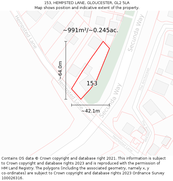 153, HEMPSTED LANE, GLOUCESTER, GL2 5LA: Plot and title map