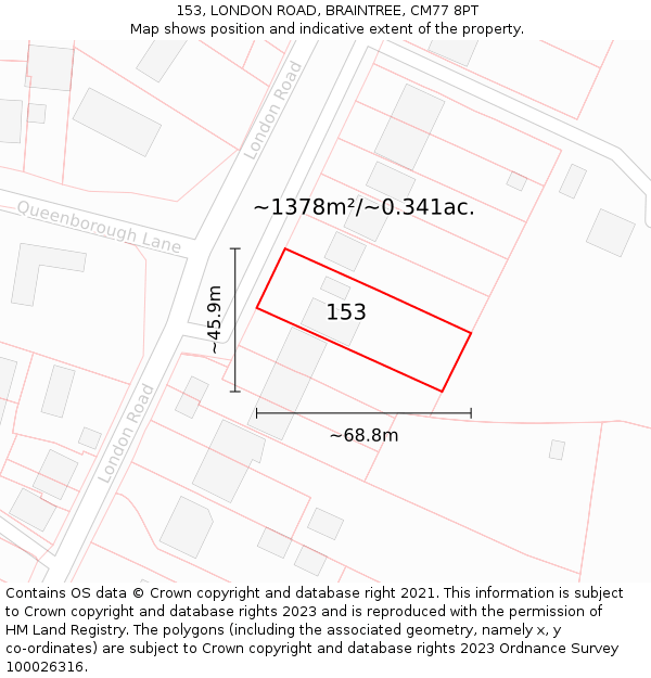 153, LONDON ROAD, BRAINTREE, CM77 8PT: Plot and title map