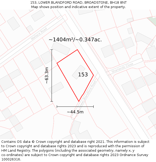 153, LOWER BLANDFORD ROAD, BROADSTONE, BH18 8NT: Plot and title map