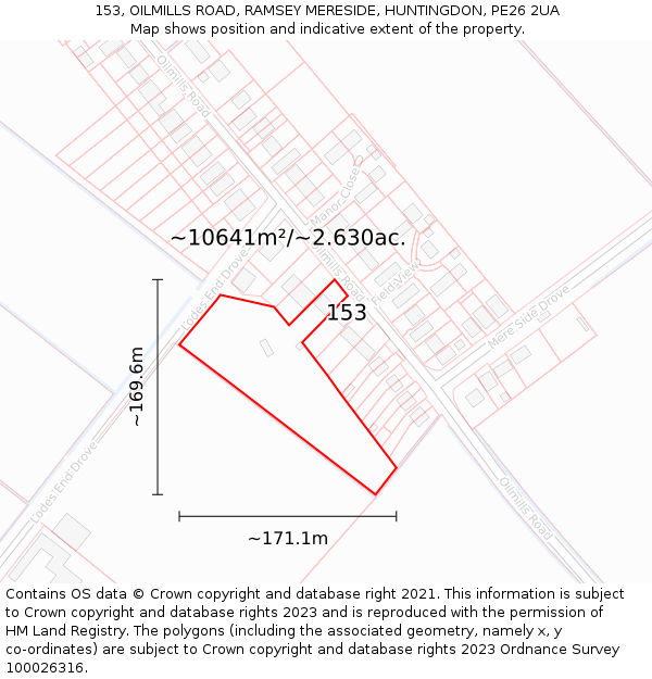 153, OILMILLS ROAD, RAMSEY MERESIDE, HUNTINGDON, PE26 2UA: Plot and title map