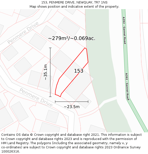153, PENMERE DRIVE, NEWQUAY, TR7 1NS: Plot and title map
