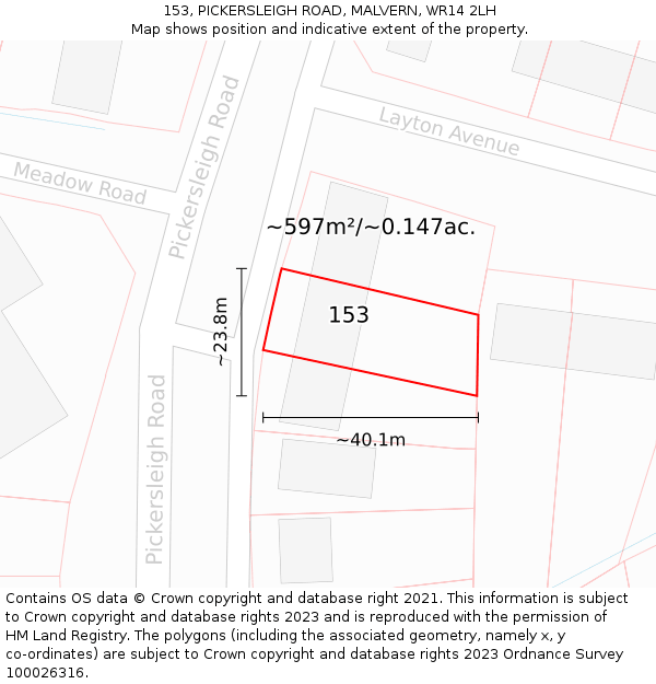 153, PICKERSLEIGH ROAD, MALVERN, WR14 2LH: Plot and title map