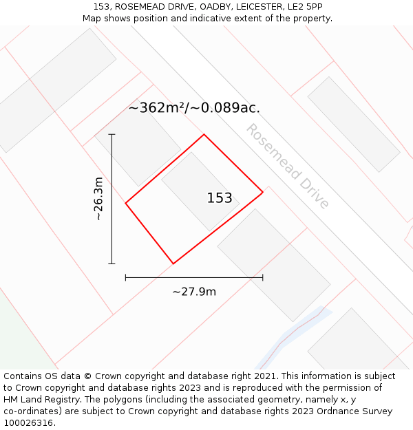 153, ROSEMEAD DRIVE, OADBY, LEICESTER, LE2 5PP: Plot and title map