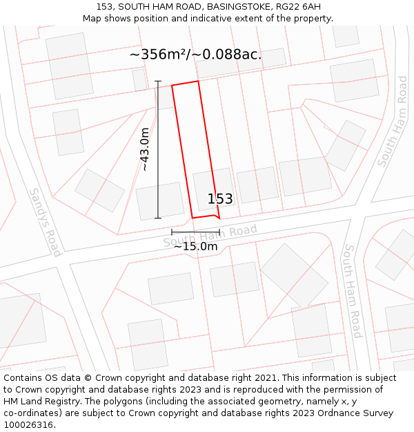 153, SOUTH HAM ROAD, BASINGSTOKE, RG22 6AH: Plot and title map