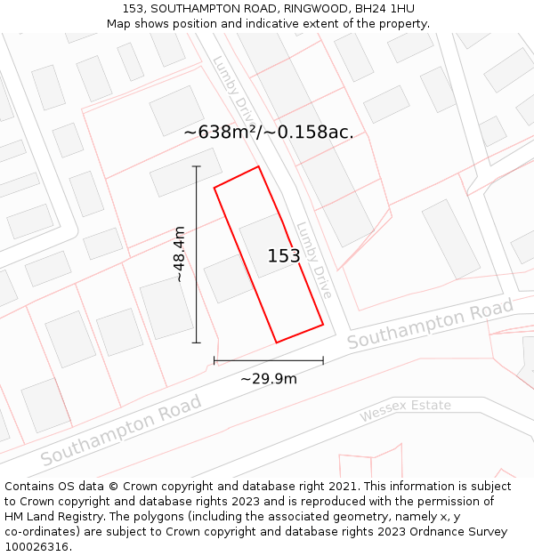 153, SOUTHAMPTON ROAD, RINGWOOD, BH24 1HU: Plot and title map