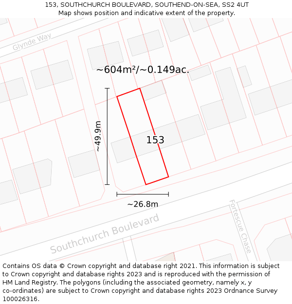 153, SOUTHCHURCH BOULEVARD, SOUTHEND-ON-SEA, SS2 4UT: Plot and title map