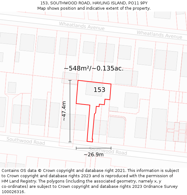 153, SOUTHWOOD ROAD, HAYLING ISLAND, PO11 9PY: Plot and title map