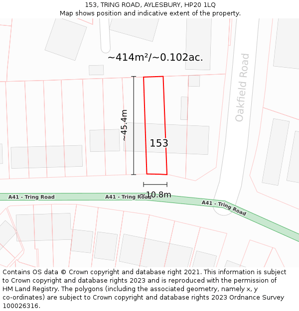 153, TRING ROAD, AYLESBURY, HP20 1LQ: Plot and title map