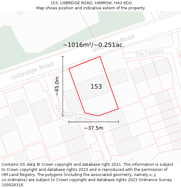 153, UXBRIDGE ROAD, HARROW, HA3 6DG: Plot and title map