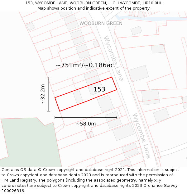 153, WYCOMBE LANE, WOOBURN GREEN, HIGH WYCOMBE, HP10 0HL: Plot and title map