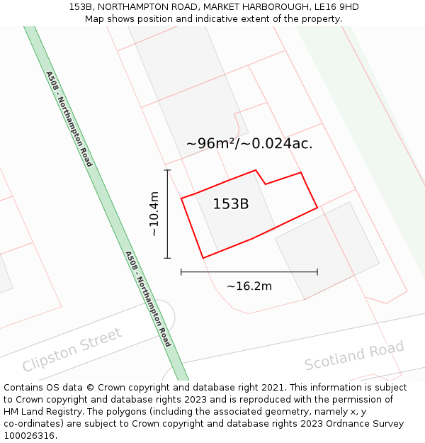 153B, NORTHAMPTON ROAD, MARKET HARBOROUGH, LE16 9HD: Plot and title map