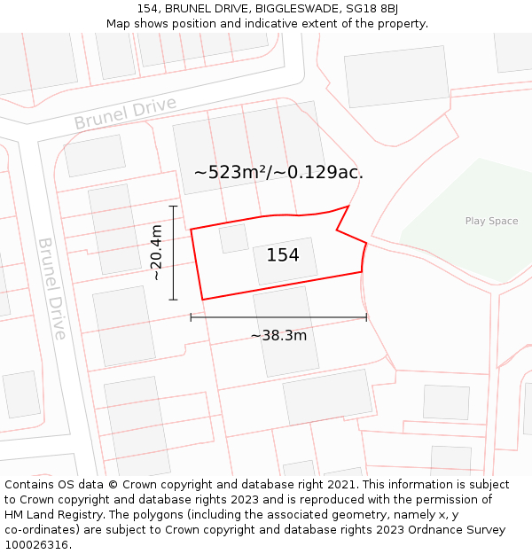 154, BRUNEL DRIVE, BIGGLESWADE, SG18 8BJ: Plot and title map