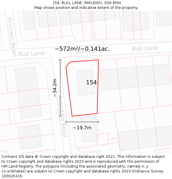 154, BULL LANE, RAYLEIGH, SS6 8NN: Plot and title map