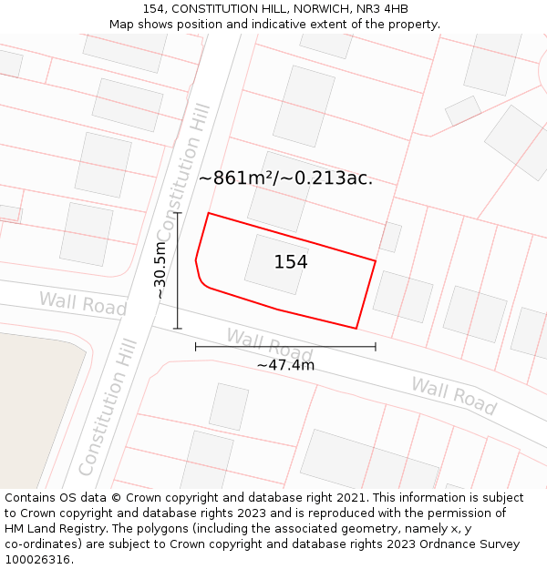 154, CONSTITUTION HILL, NORWICH, NR3 4HB: Plot and title map