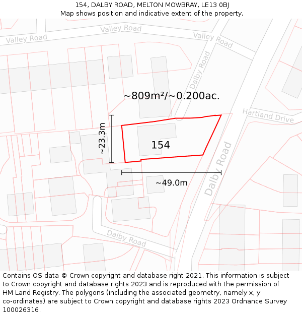 154, DALBY ROAD, MELTON MOWBRAY, LE13 0BJ: Plot and title map