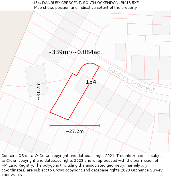 154, DANBURY CRESCENT, SOUTH OCKENDON, RM15 5XE: Plot and title map