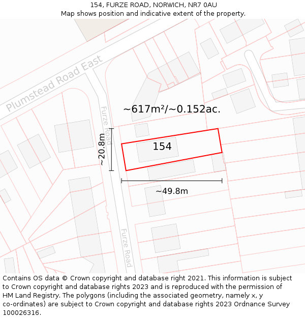 154, FURZE ROAD, NORWICH, NR7 0AU: Plot and title map