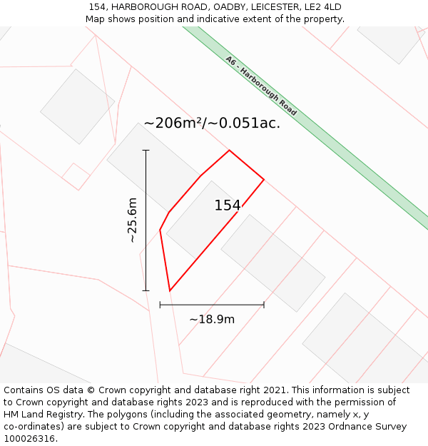 154, HARBOROUGH ROAD, OADBY, LEICESTER, LE2 4LD: Plot and title map
