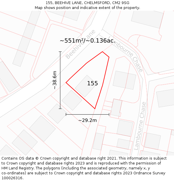 155, BEEHIVE LANE, CHELMSFORD, CM2 9SG: Plot and title map