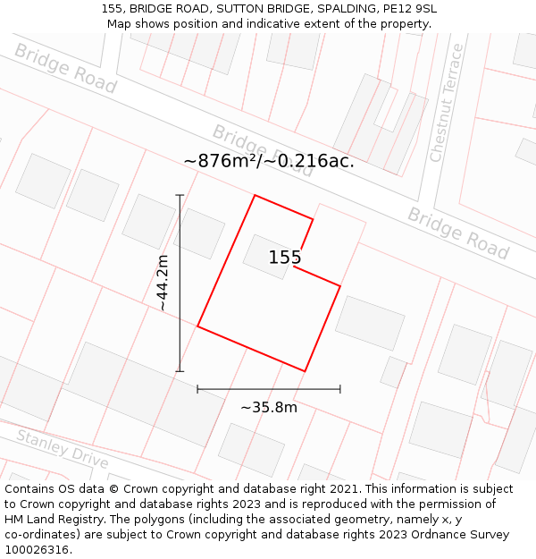 155, BRIDGE ROAD, SUTTON BRIDGE, SPALDING, PE12 9SL: Plot and title map